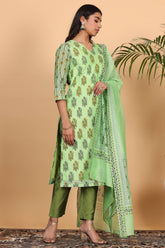 Green Chanderi Kurta Set With Block Print
